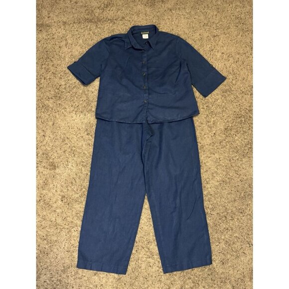 HARVE BENARD Linen Navy Top & Pant Set Resort Wear Minimalist Travel Beach XL - Picture 2 of 15